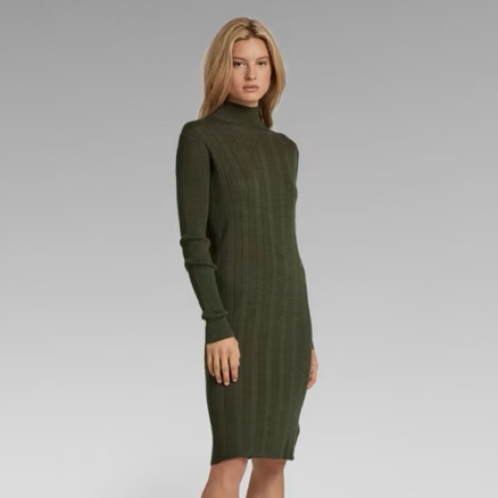 G-STAR RAW Rib Mock 100% Merino Wool Knitted Dress in Olive Green